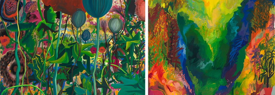 Photo left: Shara Hughes, Pop, 2021, Oil, acrylic and dye on canvas, 244 × 183 cm, Louisiana Museum of Modern Art, Humlebæk, Denmark. Donation: Fondation Croÿ Roeulx © Shara Hughes, Photo: JSP Art Photography. Photo right: Shara Hughes, Sink In, 2026, Oil and dye on canvas 279.5 × 183 cm, Private collection, © Shara Hughes, Photo: JSP Art Photography