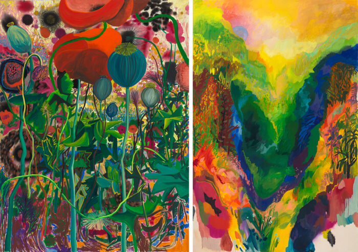 Photo left: Shara Hughes, Pop, 2021, Oil, acrylic and dye on canvas, 244 × 183 cm, Louisiana Museum of Modern Art, Humlebæk, Denmark. Donation: Fondation Croÿ Roeulx © Shara Hughes, Photo: JSP Art Photography. Photo right: Shara Hughes, Sink In, 2026, Oil and dye on canvas 279.5 × 183 cm, Private collection, © Shara Hughes, Photo: JSP Art Photography
