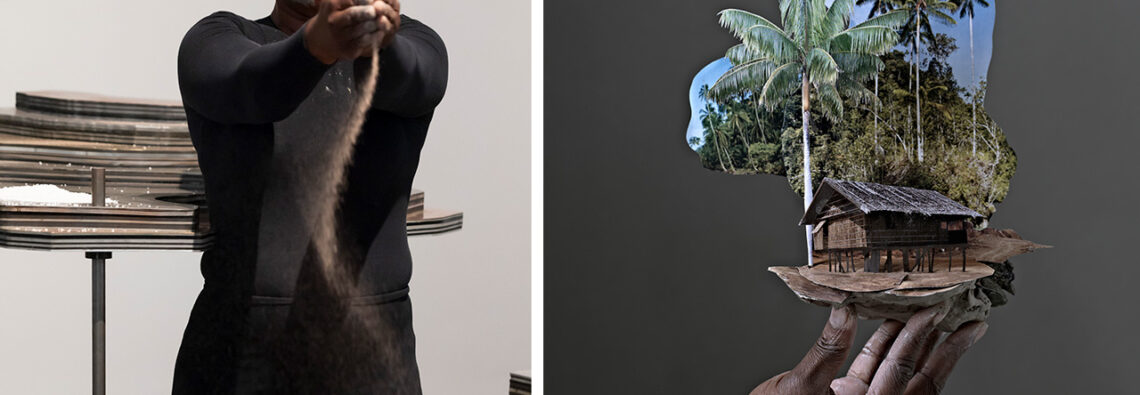 Left: Otobong Nkanga, Solid Maneuvers, 2015–ongoing, Performance at IVAM, Valencia, 2023, Photo: Miguel Lorenzo/IVAM Otobong Nkanga, Shaping Memory, 2012–14, C-print on photographic paper, Courtesy the artist