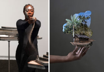 Left: Otobong Nkanga, Solid Maneuvers, 2015–ongoing, Performance at IVAM, Valencia, 2023, Photo: Miguel Lorenzo/IVAM Otobong Nkanga, Shaping Memory, 2012–14, C-print on photographic paper, Courtesy the artist
