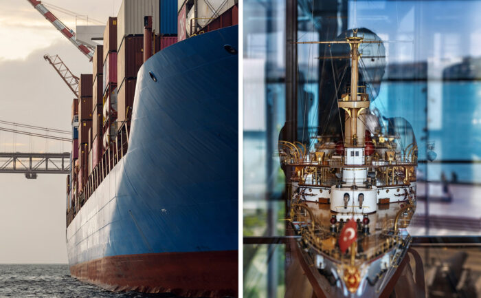 Left: Anastasia Samoylova, Cargo Ship, Lisbon, 2026 © Anastasia Samoylova, Courtesy the artist and Gallerie d’Italia Right: Anastasia Samoylova, Reflection in Model Ship, Istanbul, Turkey, 2026 © Anastasia Samoylova, Courtesy the artist and Gallerie d’Italia